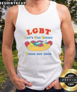 Funny LGBT tank top with 'Let's Get Biting These Hot Dogs' text, perfect for pride events and summer BBQs.