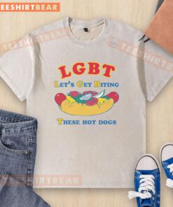 Funny LGBT 'Let's Get Biting These Hot Dogs' T-Shirt design showcasing vibrant colors and playful typography.