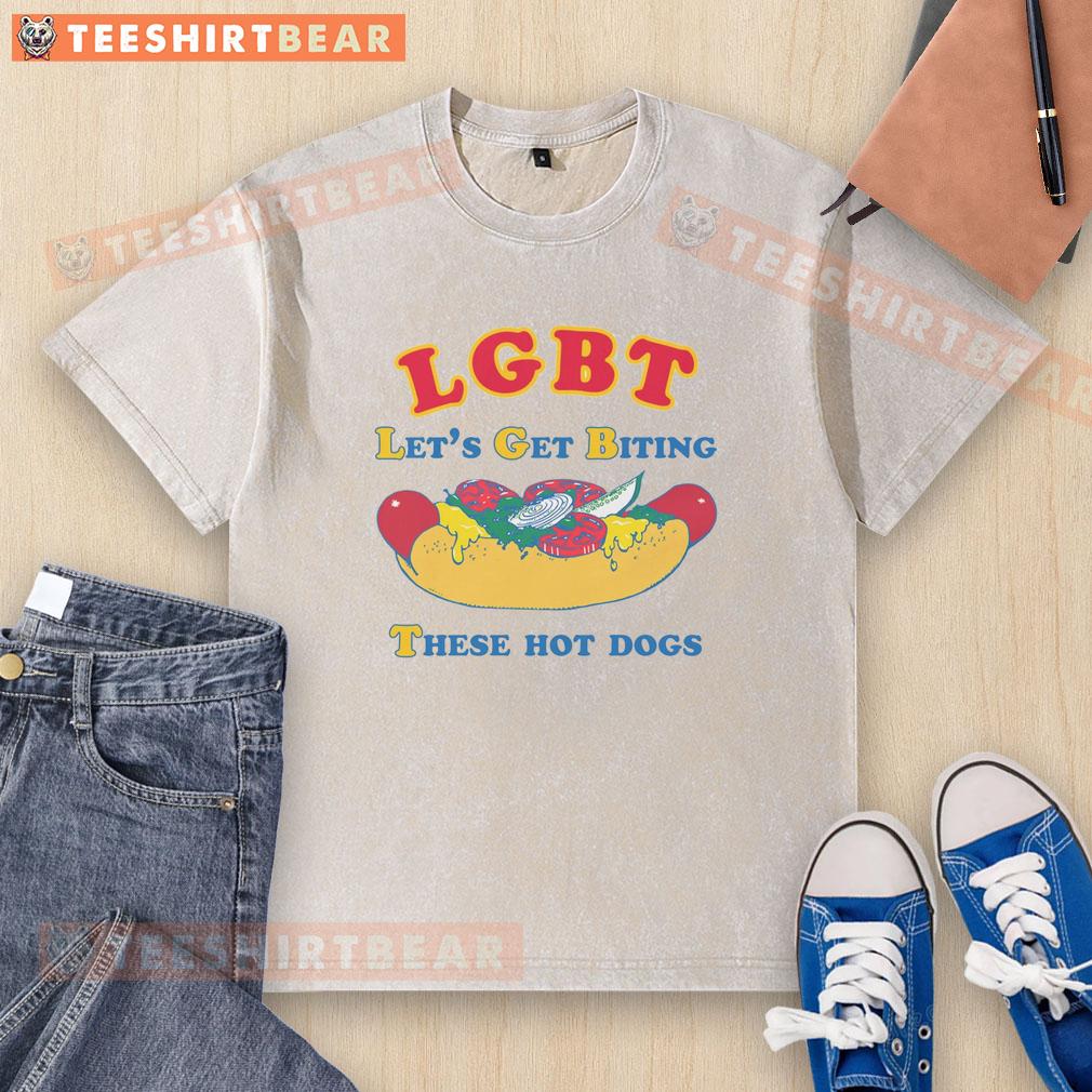 Funny LGBT 'Let's Get Biting These Hot Dogs' T-Shirt design showcasing vibrant colors and playful typography.