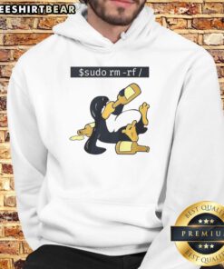 Funny Linux Tux hoodie featuring the iconic 'sudo rm -rf' command, perfect for tech enthusiasts and programmers.