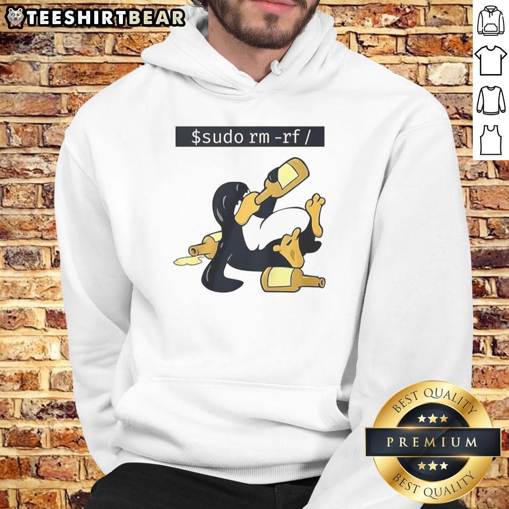 Funny Linux Tux hoodie featuring the iconic 'sudo rm -rf' command, perfect for tech enthusiasts and programmers.