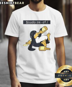 Funny Linux Tux Sudo Rm Rf T-Shirt featuring the iconic penguin in a humorous tech design for programmers and Linux fans.