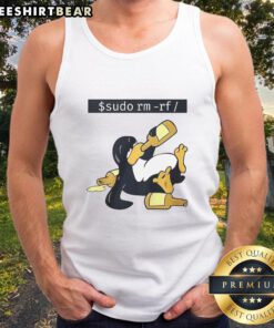 Alt Text: Funny Linux Tux tank top featuring 'sudo rm -rf' design, perfect for tech enthusiasts and programmers.