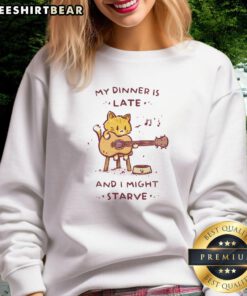 Alt Text: Cat sweatshirt with a funny quote about dinner being late, perfect for cat lovers and humor enthusiasts.