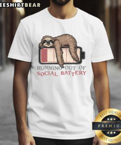 Funny Running Out Of Social Battery T-Shirt design featuring a playful battery icon and humorous text about social energy.