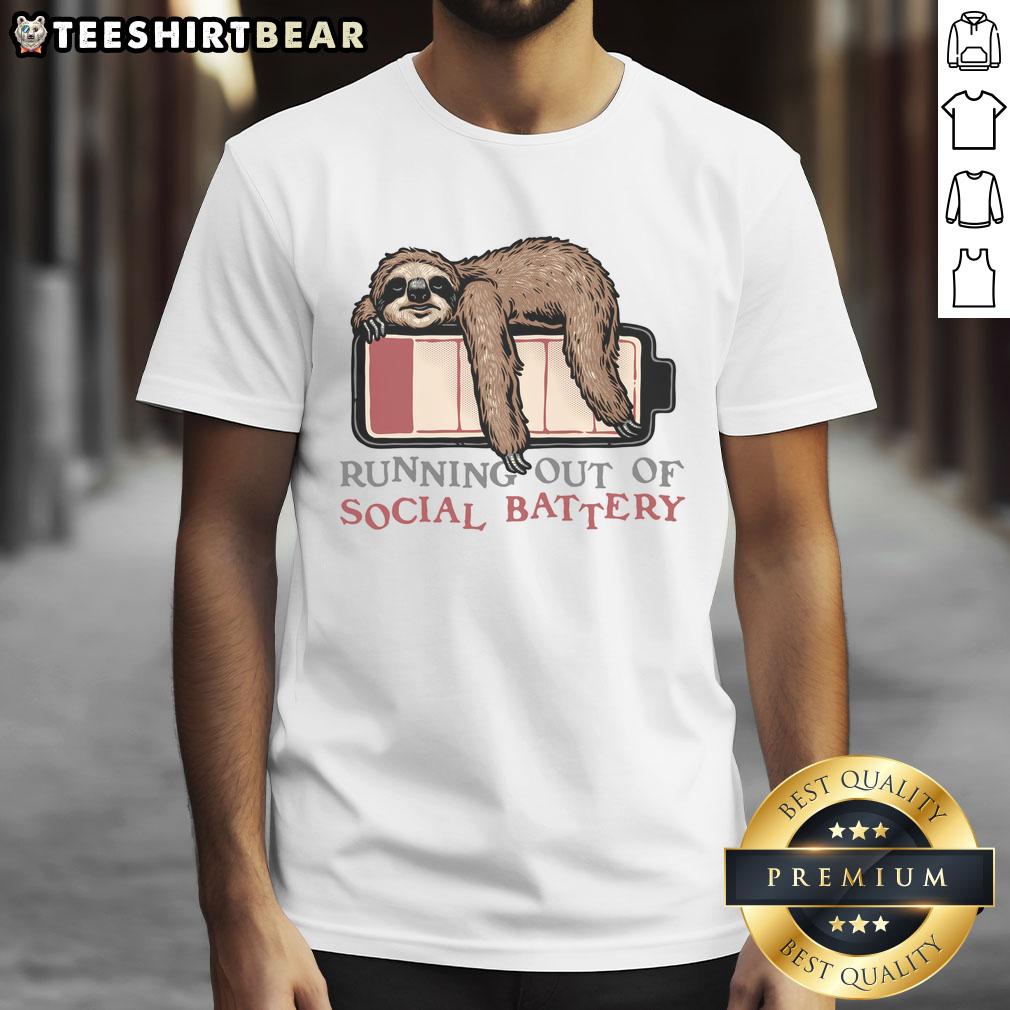 Funny Running Out Of Social Battery T-Shirt design featuring a playful battery icon and humorous text about social energy.