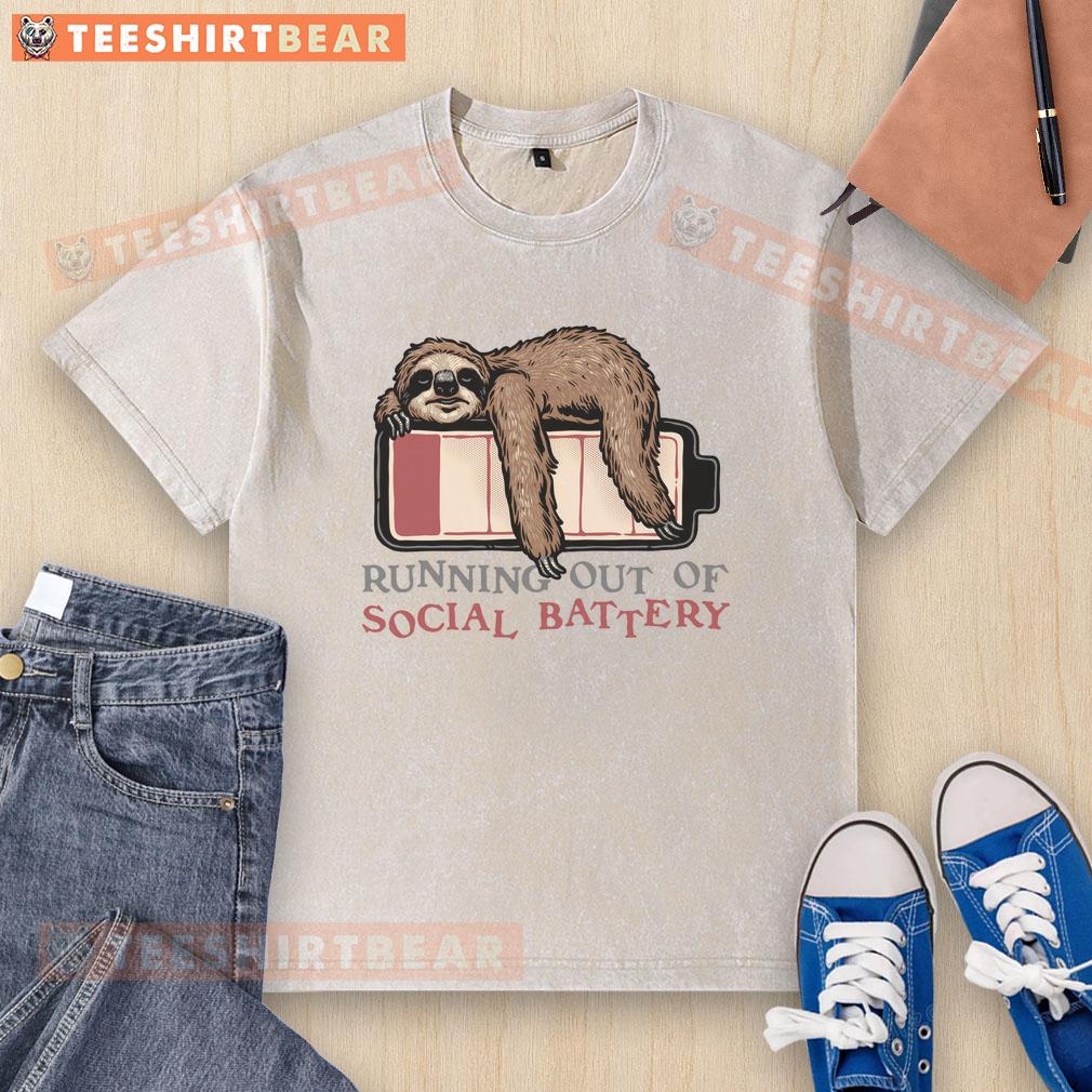 Funny running out of social battery washed t-shirt featuring a quirky design for introverts and humor lovers.