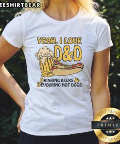 Funny ladies tee featuring 'Yeah I Love DD' with graphics of beers and hot dogs, perfect for casual summer outings.