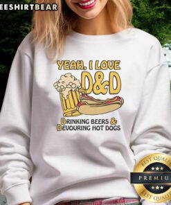 Funny sweatshirt featuring 'Yeah I Love DD Drinking Beers Devouring Hot Dogs' design, perfect for casual outings and food lovers.
