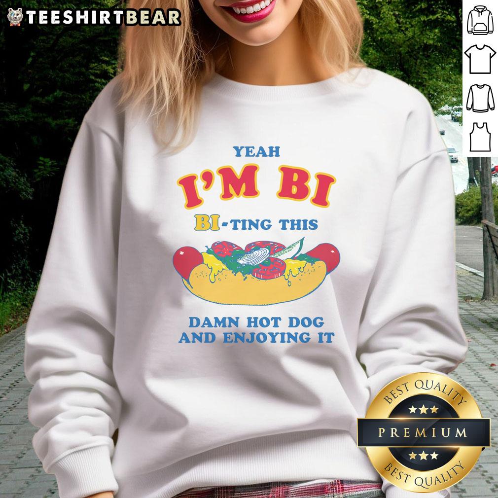 Funny 'Yeah I'm Bi' sweatshirt featuring a hot dog, perfect for showcasing humor and pride in style.