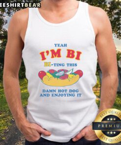 Funny tank top saying 'Yeah I'm Bi' with a graphic of a person enjoying a hot dog, perfect for humor lovers.
