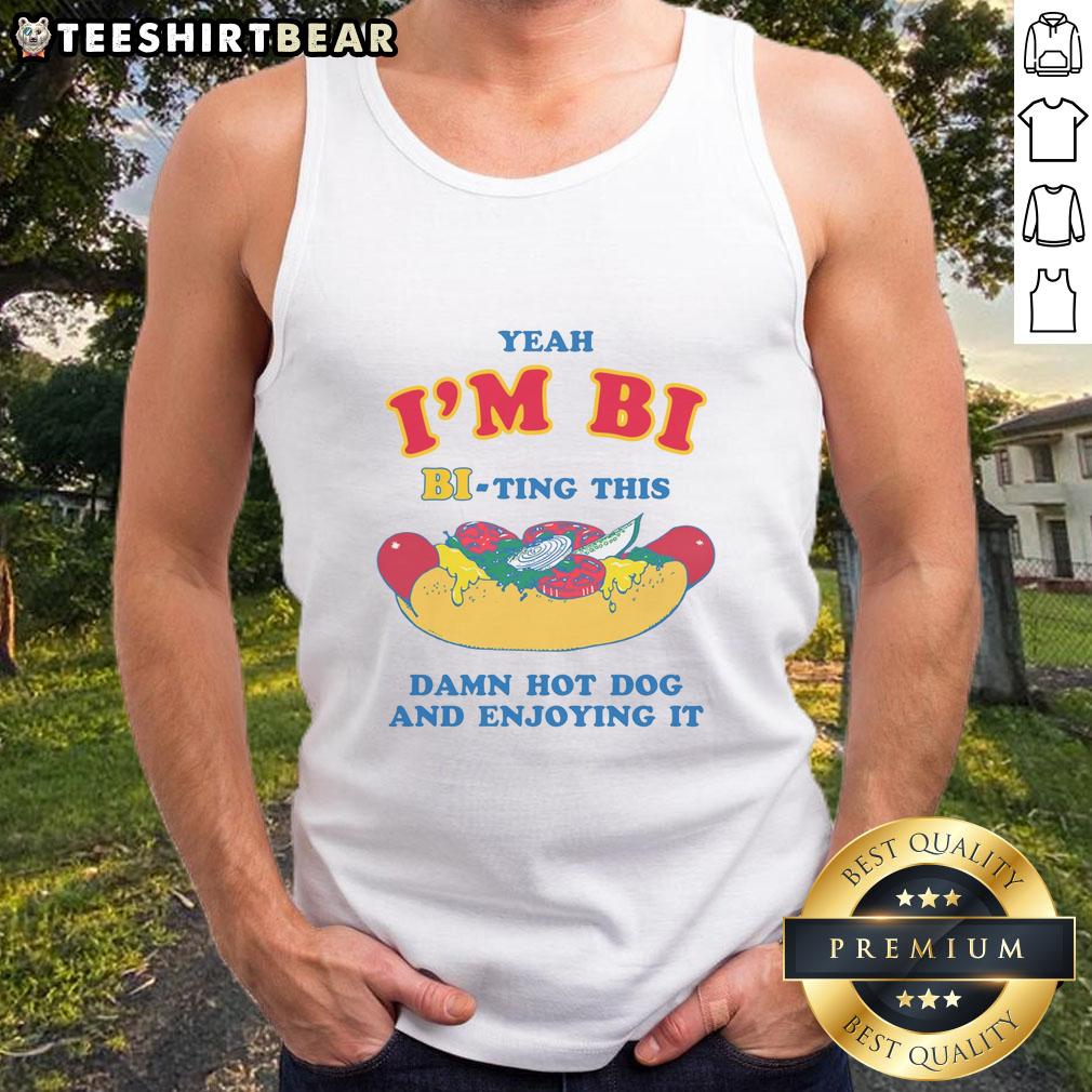 Funny tank top saying 'Yeah I'm Bi' with a graphic of a person enjoying a hot dog, perfect for humor lovers.