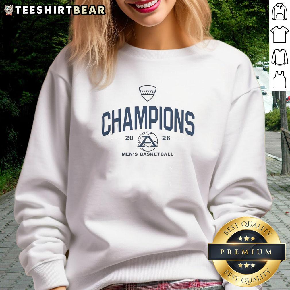 Good Akron Zips MAC 2026 Men's Basketball Champions sweatshirt in navy blue, featuring team logo and championship graphics.