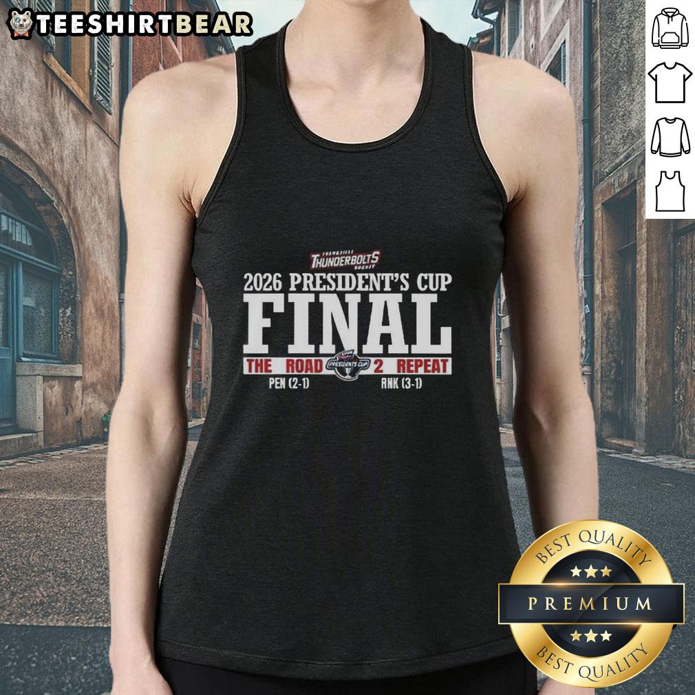Good Evansville Thunderbolts Hockey 2026 Presidents Cup Final tank top featuring team logo and vibrant design.