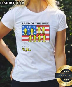 Good Land of the Free USA Flag ladies tee featuring a vibrant American flag design, perfect for patriotic fashion.