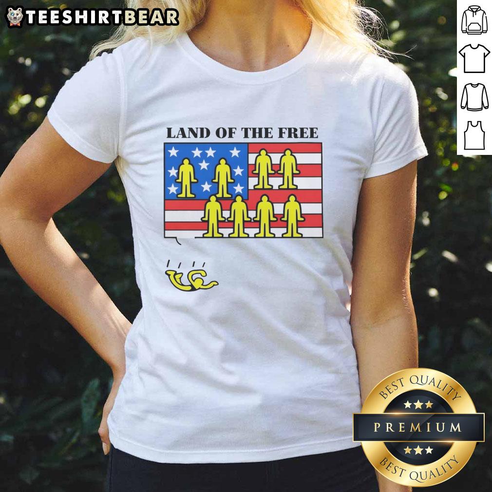 Good Land of the Free USA Flag ladies tee featuring a vibrant American flag design, perfect for patriotic fashion.