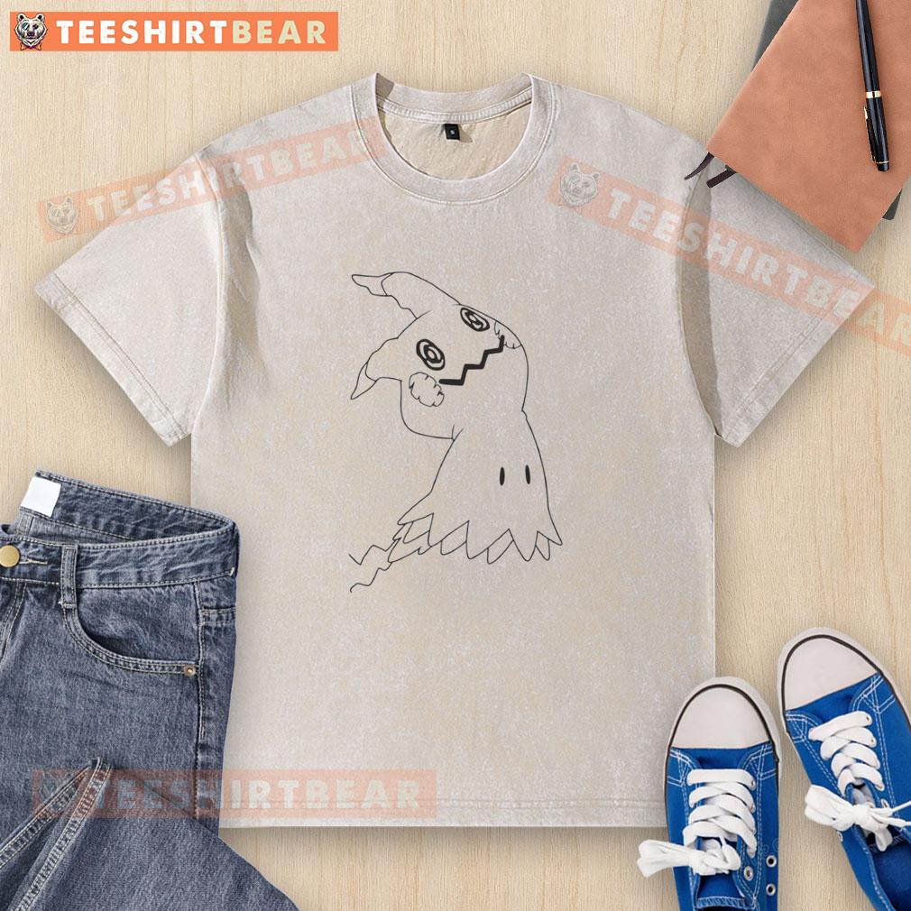 Alt Text: Cute Mimikyu doodle on a washed t-shirt, showcasing vibrant colors and anime style, perfect for Pokemon fans.