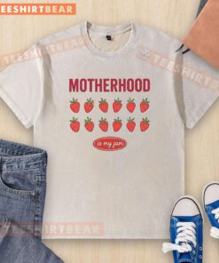 Good Strawberry Motherhood Is My Jam washed t-shirt in vibrant red, perfect for stylish moms celebrating motherhood.
