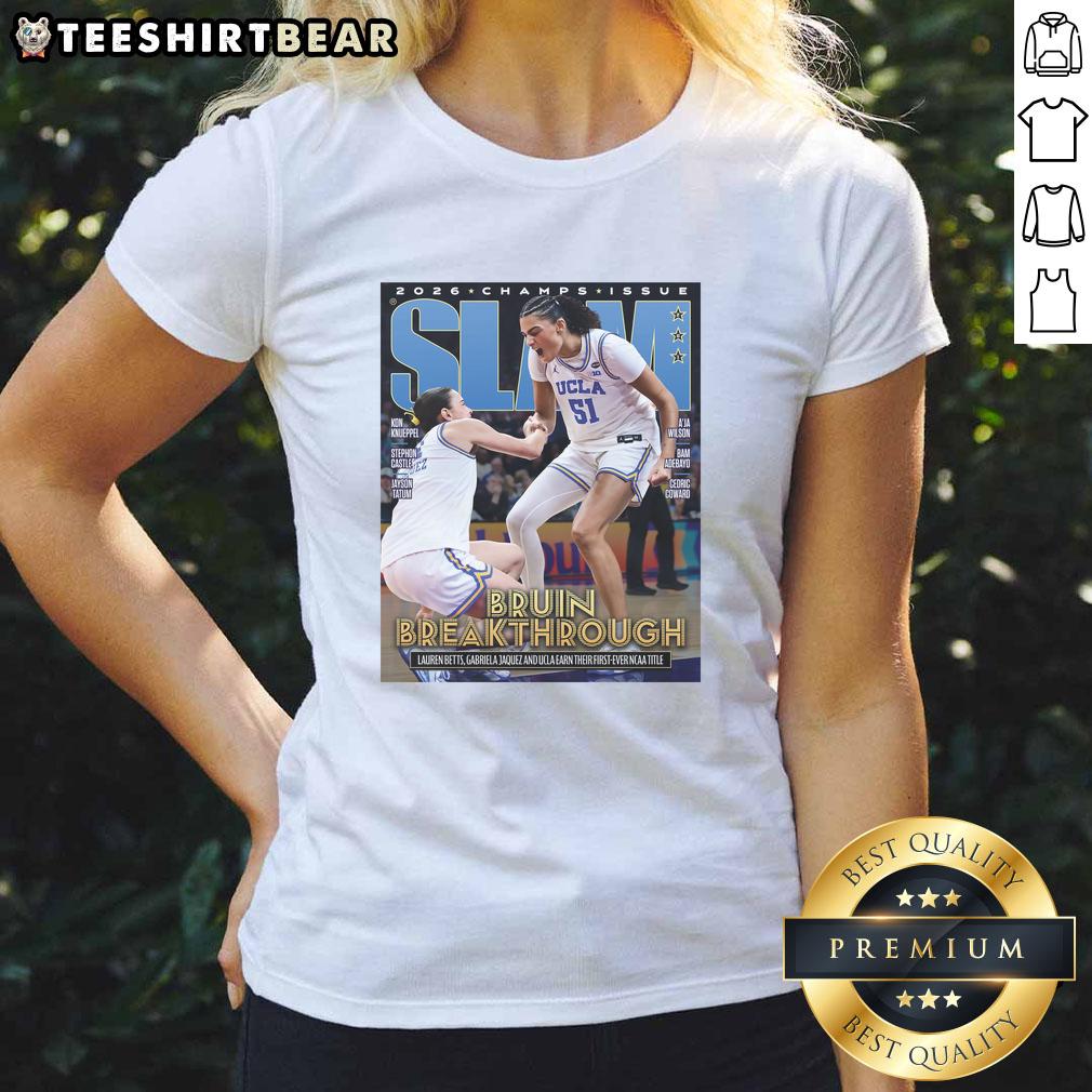 UCLA Bruins 2026 Women's Basketball National Champions poster on a ladies' tee, celebrating their victory.