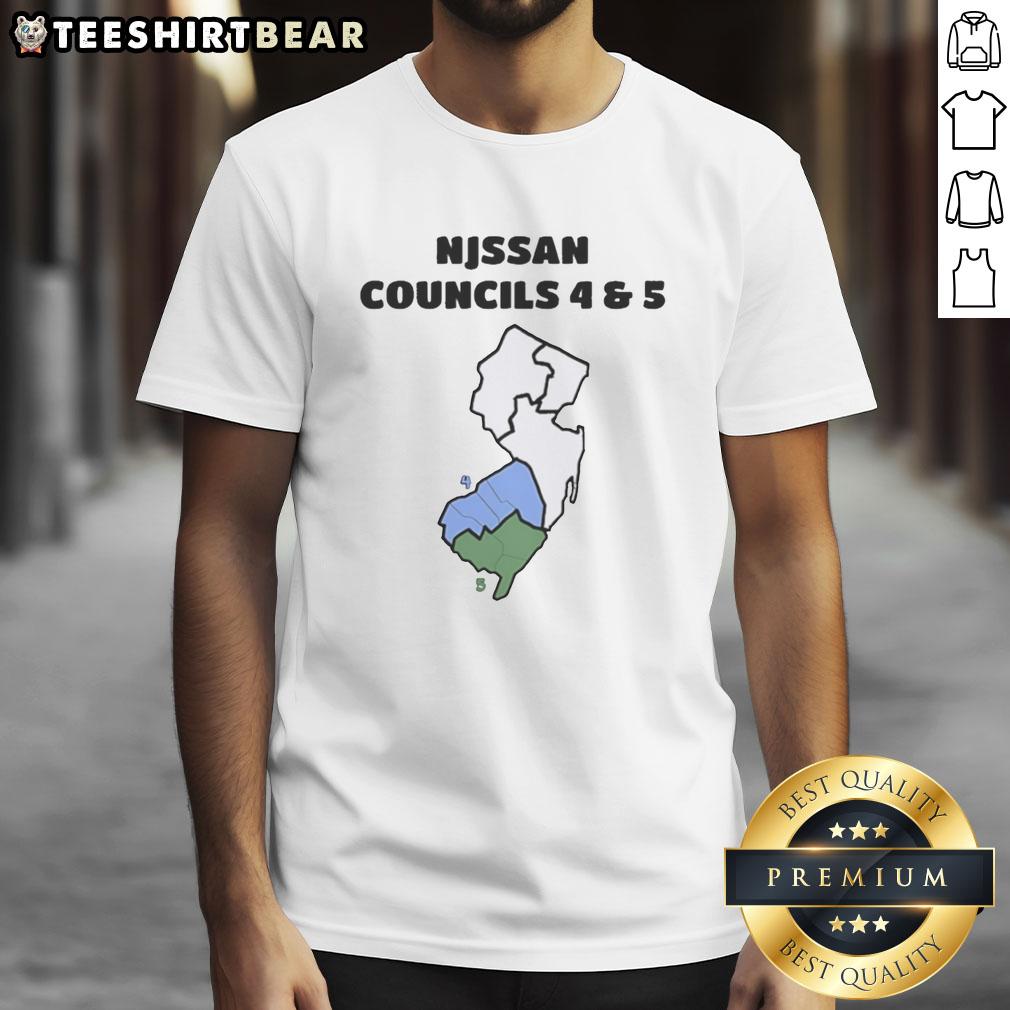 Hot New Jersey Map Councils 4 and 5 graphic t-shirt featuring a colorful map design and council logos.