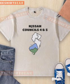 Alt Text: Graphic washed t-shirt featuring a hot New Jersey map design highlighting Councils 4 and 5 for trendy style.