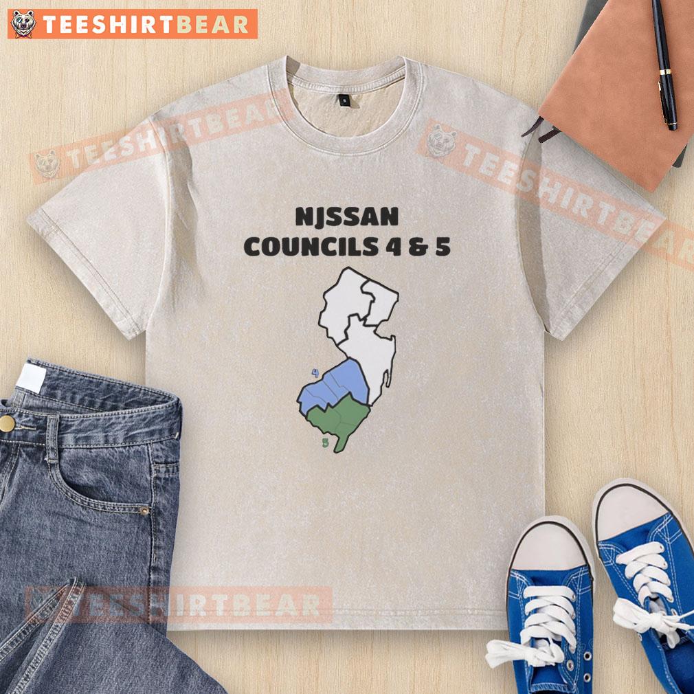 Alt Text: Graphic washed t-shirt featuring a hot New Jersey map design highlighting Councils 4 and 5 for trendy style.