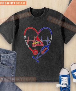 Alt Text: Hot St. Louis Cardinals stethoscope and heartbeat shape design on a washed t-shirt, perfect for fans and healthcare workers.