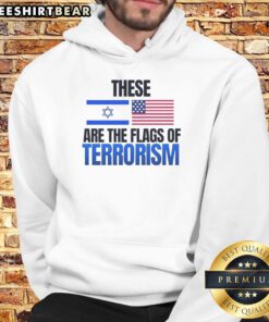 Hot hoodie featuring the flags of Israel and the USA, symbolizing themes of terrorism and conflict in bold design.