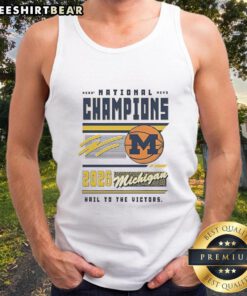 Nice Michigan Wolverines NCAA Men's Basketball National Champions 2026 Hail to the Victors tank top displayed on a hanger.