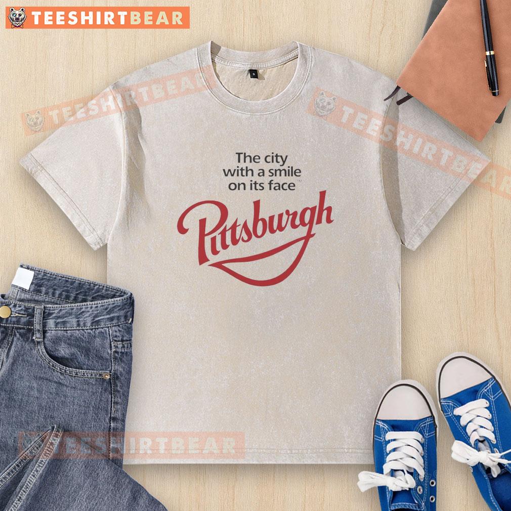 Nice Pittsburgh washed t-shirt featuring 'The City With A Smile' design, perfect for fans of Pittsburgh apparel.