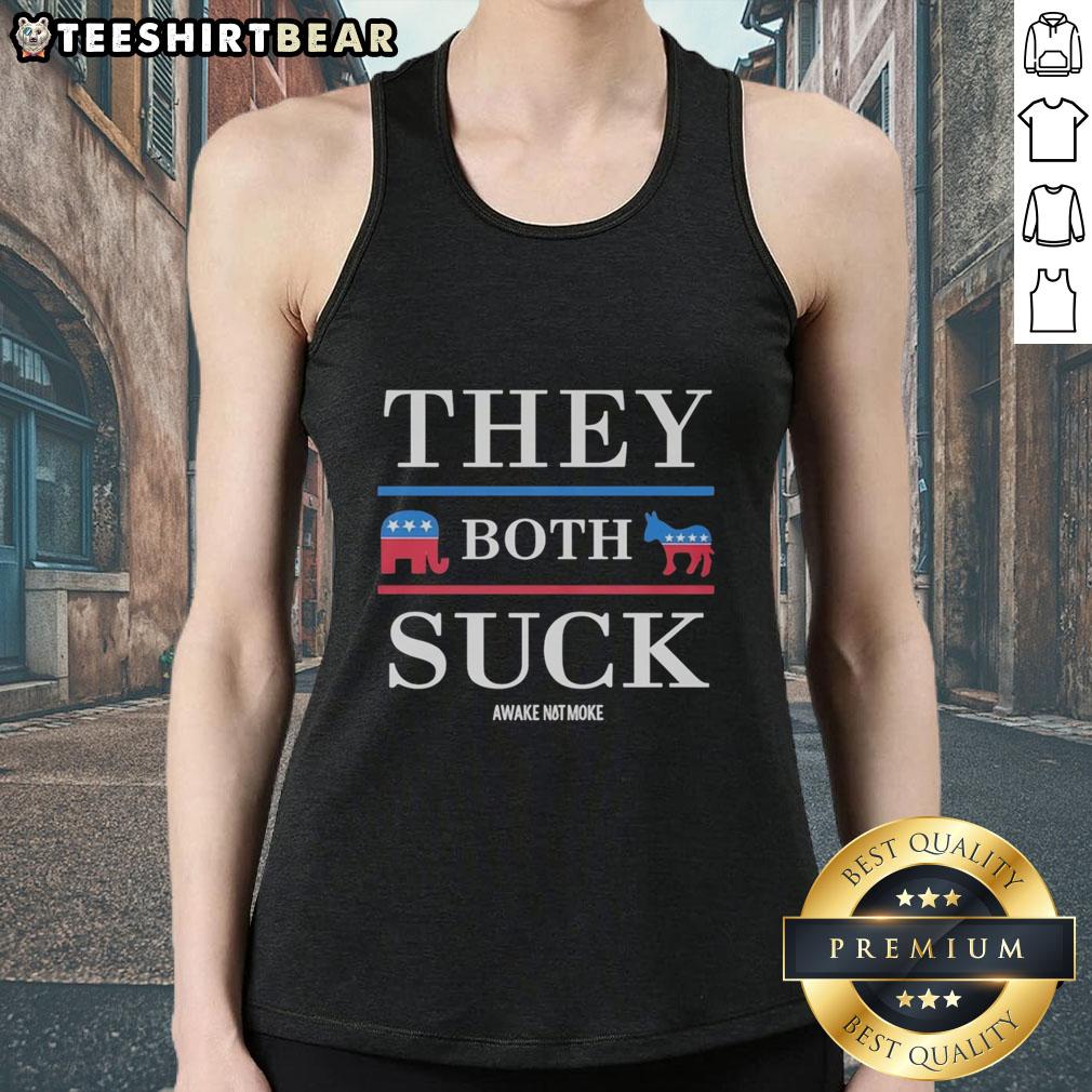 Nice Republican Party and Democratic Party They Both Suck tank top design featuring bold text and vibrant colors.