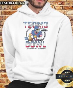 Alt Text: Nice Tecmo Bowl X Topps Chrome Giants Jaxson Dart hoodie featuring vibrant graphics and a stylish design.