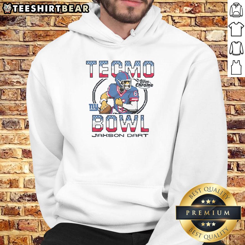 Alt Text: Nice Tecmo Bowl X Topps Chrome Giants Jaxson Dart hoodie featuring vibrant graphics and a stylish design.