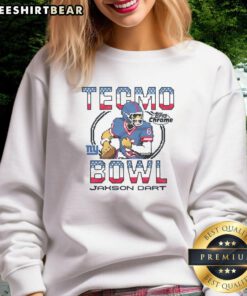 Nice Tecmo Bowl X Topps Chrome Giants sweatshirt featuring Jaxson Dart design, perfect for fans and collectors.