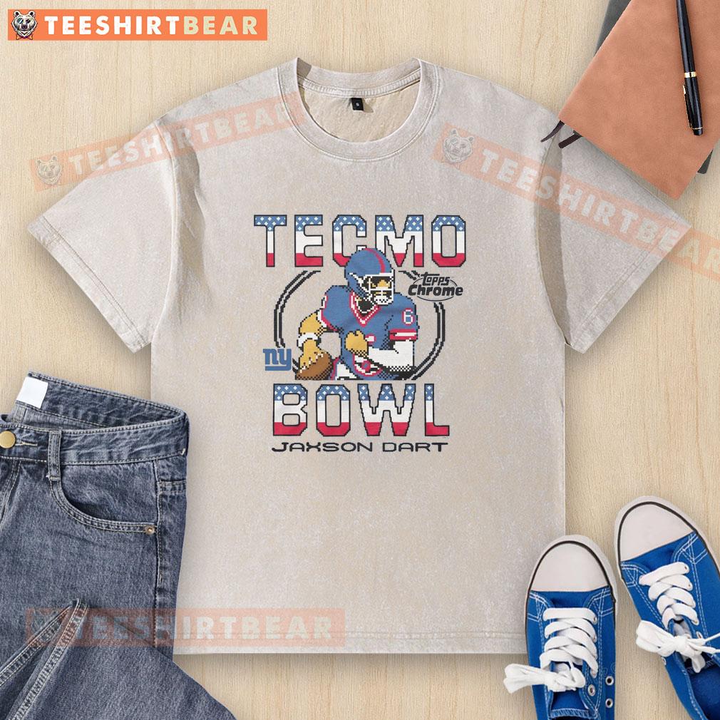 Alt Text: Nice Tecmo Bowl X Topps Chrome Giants Jaxson Dart washed t-shirt showcasing retro gaming style and team pride.