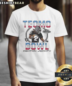 Alt Text: Nice Tecmo Bowl X Topps Chrome Raiders Ashton Jeanty T-Shirt featuring vibrant graphics and sporty design.