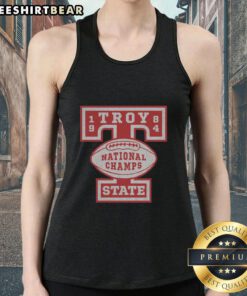 Alt Text: Retro Nice Troy State Football 1984 National Champions tank top featuring team colors and logo design.