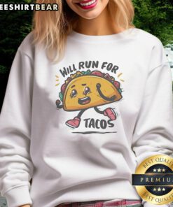 Cozy 'Nice Will Run For Tacos' sweatshirt perfect for taco lovers, featuring a fun and playful design in vibrant colors.