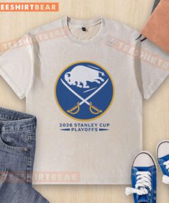Official Buffalo Sabres Ice Hockey NHL Stanley Cup Playoffs big logo washed t-shirt in blue, perfect for fans.