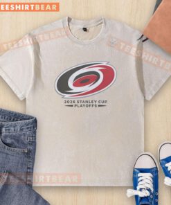 Alt Text: Official Carolina Hurricanes Ice Hockey NHL 2026 Stanley Cup Playoffs big logo washed t-shirt displayed on a neutral background.