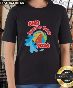 Official CMS Summer Camp 2026 graphic on a ladies' tee, showcasing vibrant design and camp spirit.