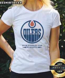 Official Edmonton Oilers Ice Hockey NHL Stanley Cup Playoffs big logo ladies tee showcasing team spirit and style.