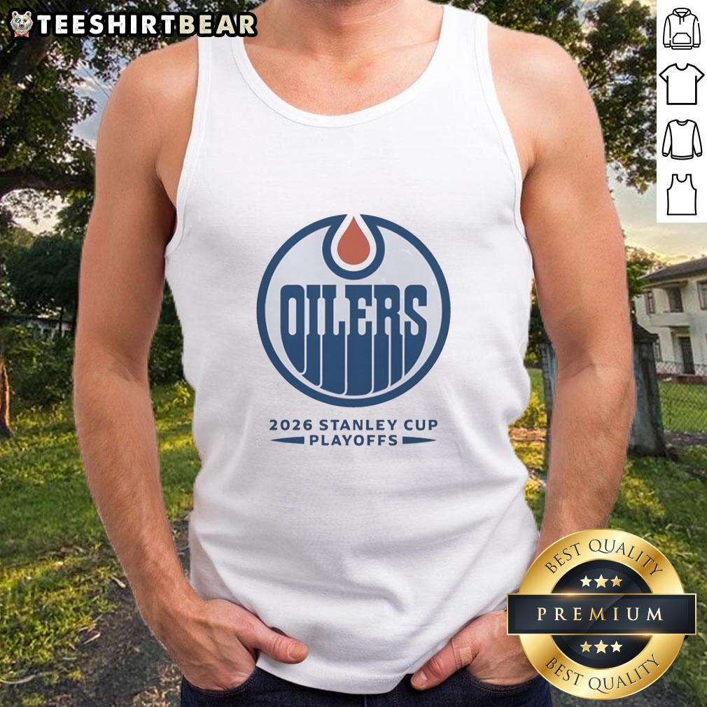 Official Edmonton Oilers ice hockey NHL Stanley Cup Playoffs big logo tank top for fans and sports enthusiasts.
