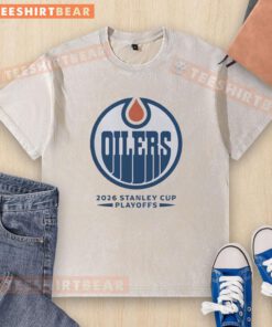 Alt Text: Official Edmonton Oilers Ice Hockey NHL Stanley Cup Playoffs big logo washed t-shirt in blue, perfect for fans.