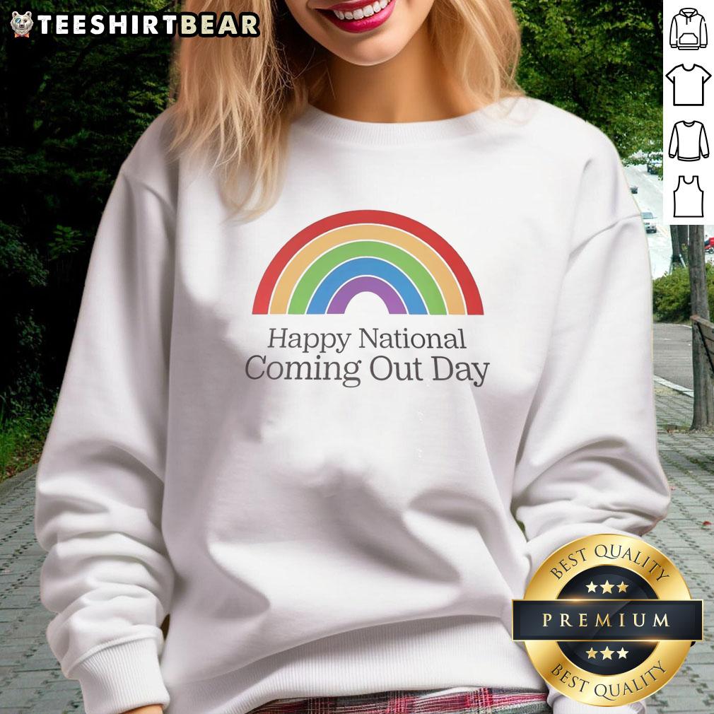 Official Happy National Coming Out Day rainbow sweatshirt featuring vibrant colors celebrating LGBTQ+ pride.