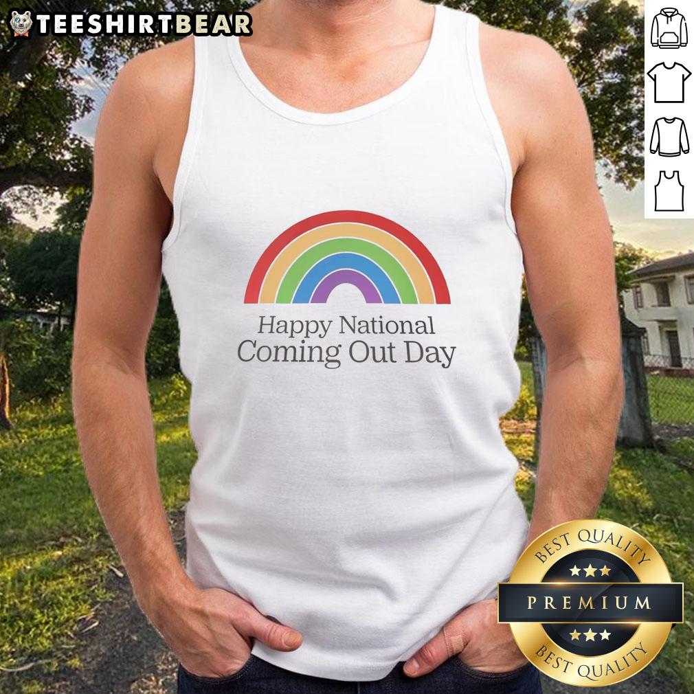 Official Happy National Coming Out Day rainbow tank top celebrating LGBTQ+ pride and inclusivity.