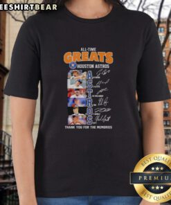 Official Houston Astros All-Time Greats names and signatures graphic on a ladies' tee, perfect for baseball fans.