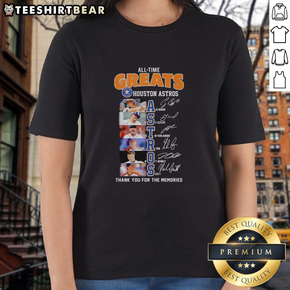 Official Houston Astros All-Time Greats names and signatures graphic on a ladies' tee, perfect for baseball fans.