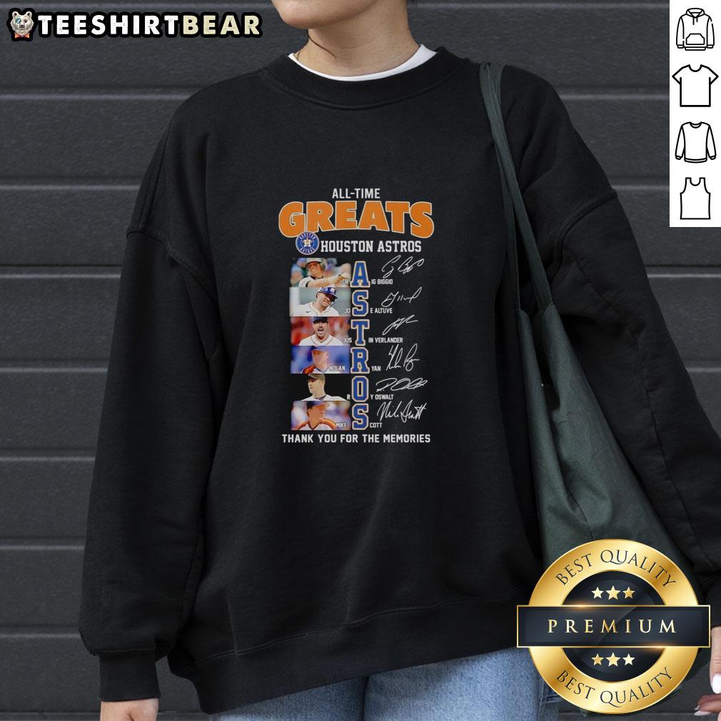 Alt Text: Official Houston Astros All-Time Greats sweatshirt featuring player names and signatures, perfect for fans.