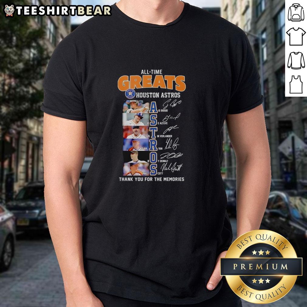 Alt Text: Official Houston Astros All Time Greats T-Shirt featuring player names and signatures in vibrant team colors.